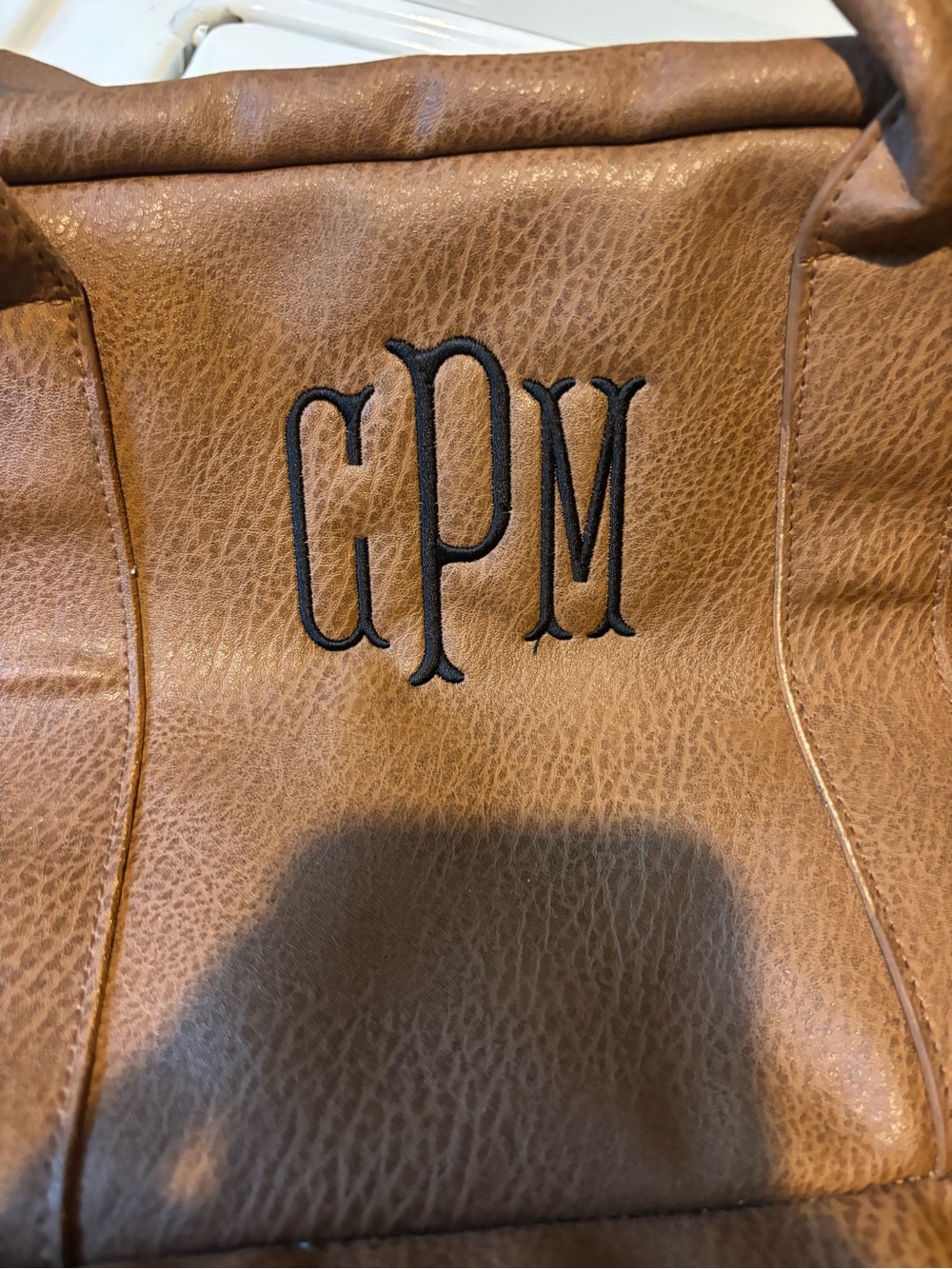 Personalized Tan Leather Travel Tote Bag with Black Monogram